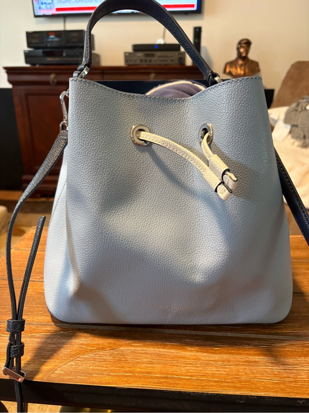 kate spade Light BLUE Pebbled Leather Drawstring Shoulder Bag